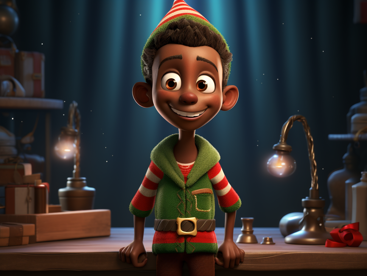An Christmas elf with a African complextion standing in a workshop.