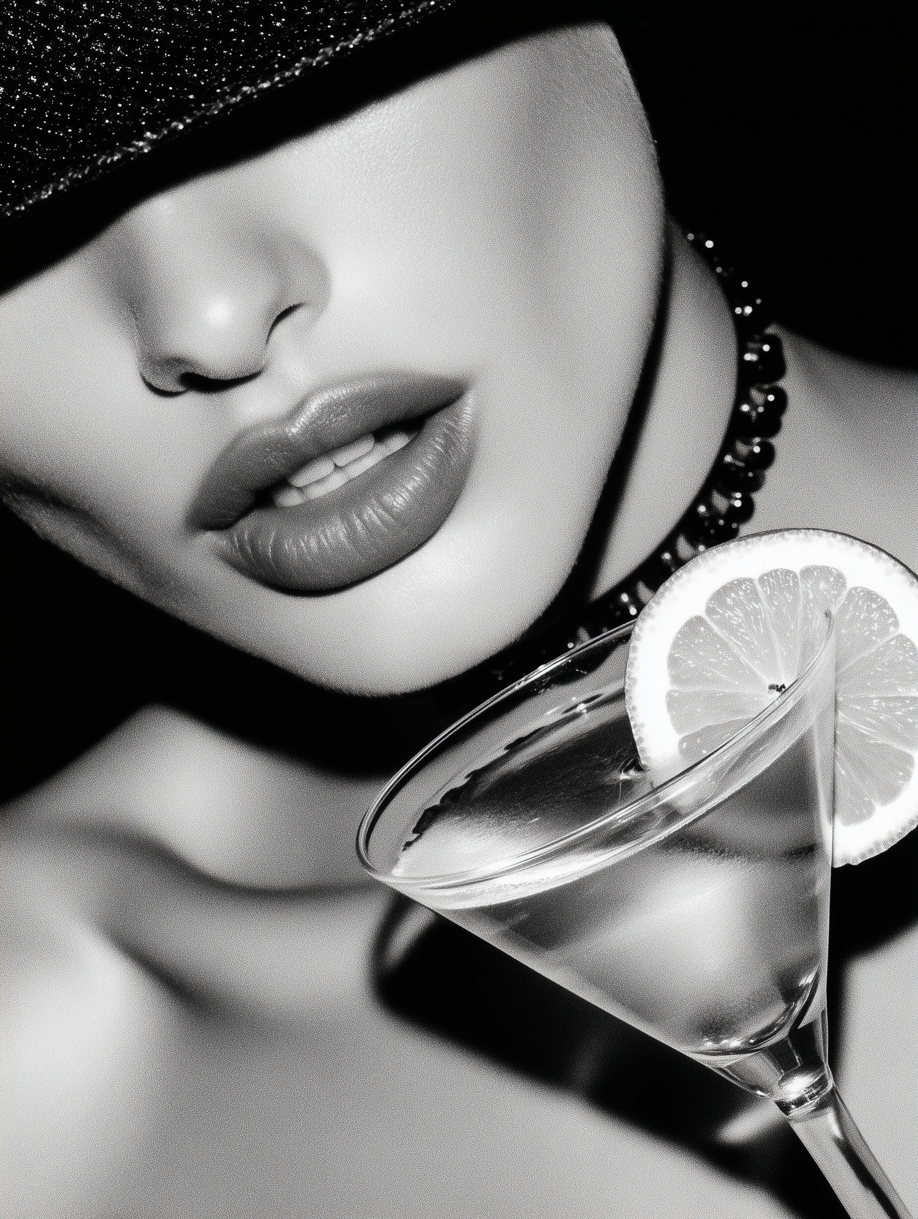 Black and white fashion image of a woman with a martini style drink.