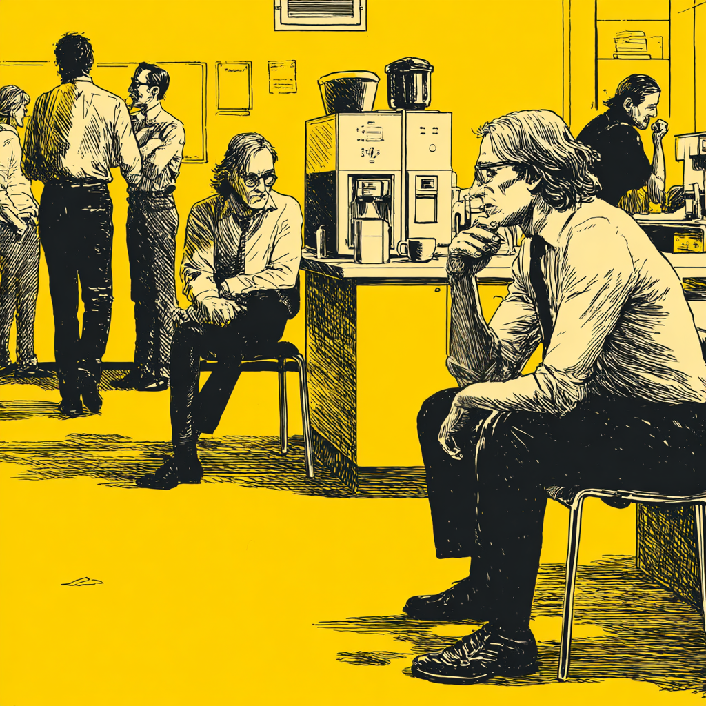 Yellow comic book style image of office workers in a break room. Tense atmosphere.