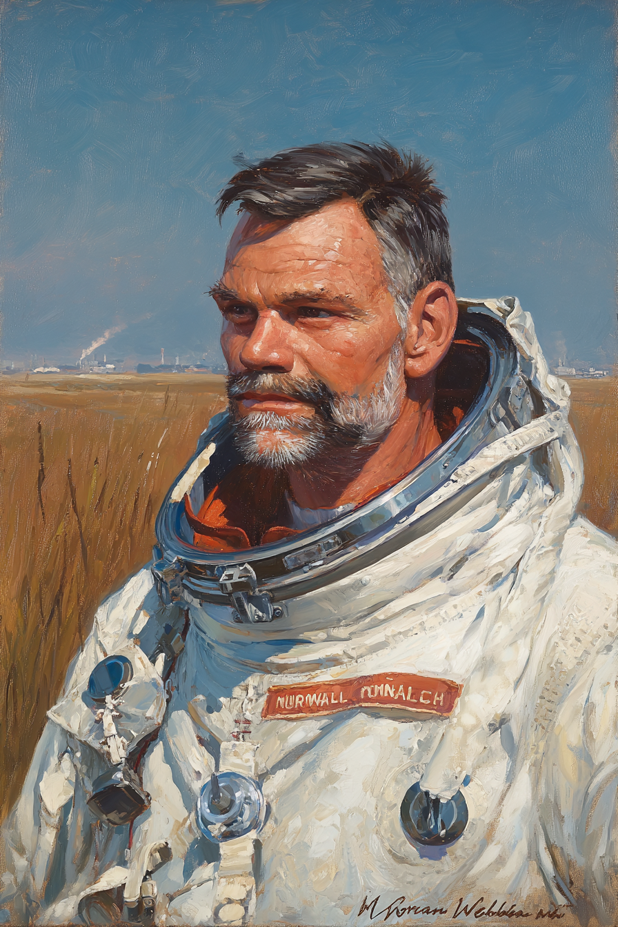 A Norman Rockwell style painting of Ed Wisniowski dressed as an astronaut