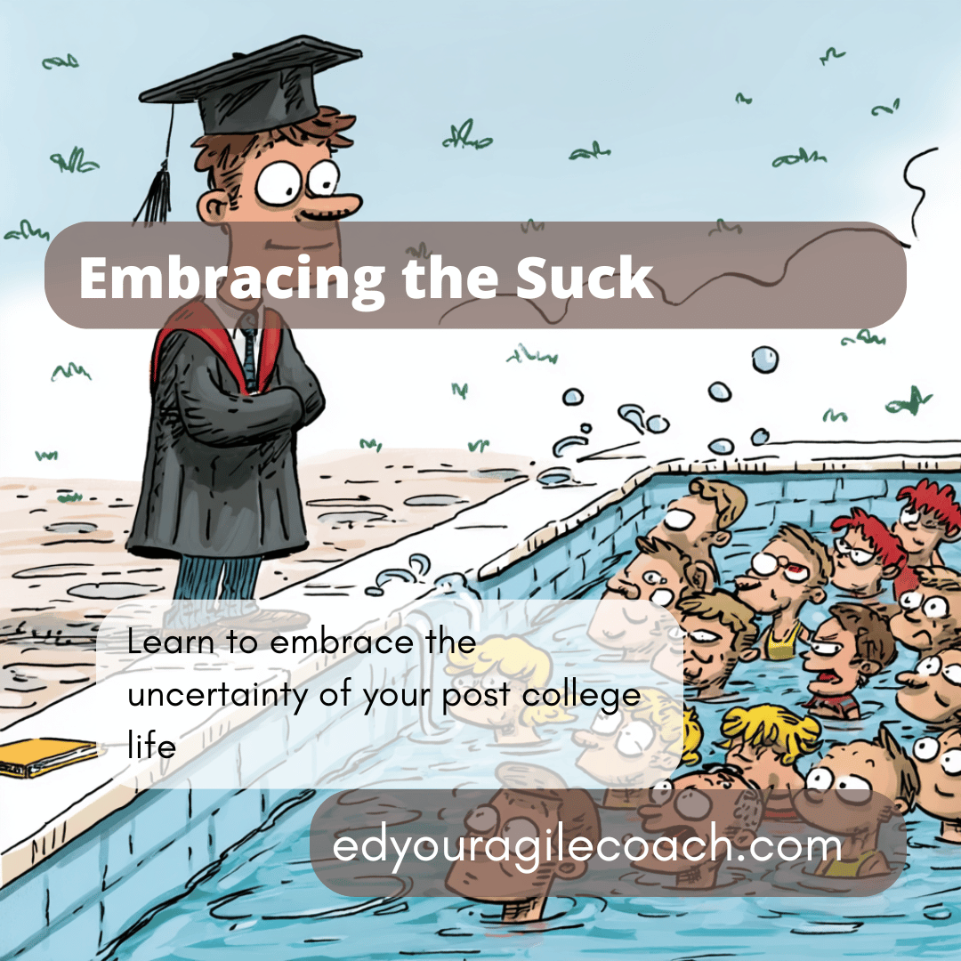 A college graduate survey's the swimming pool.