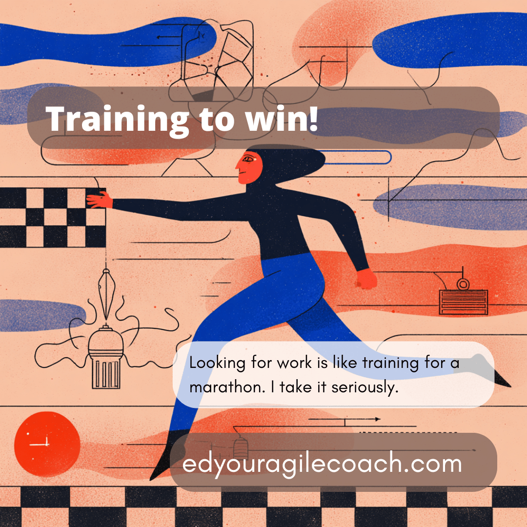 Illustration of a runner crossing a finish line. Blue and orange with an abstract feel. 