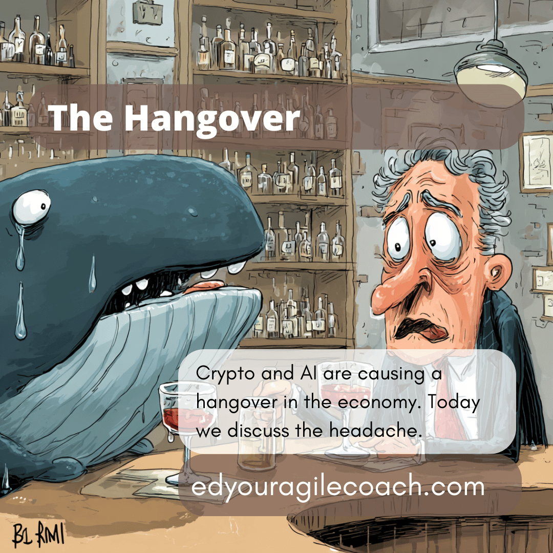 A business person and whale drinking at a bar and they are weeping into their drinks.