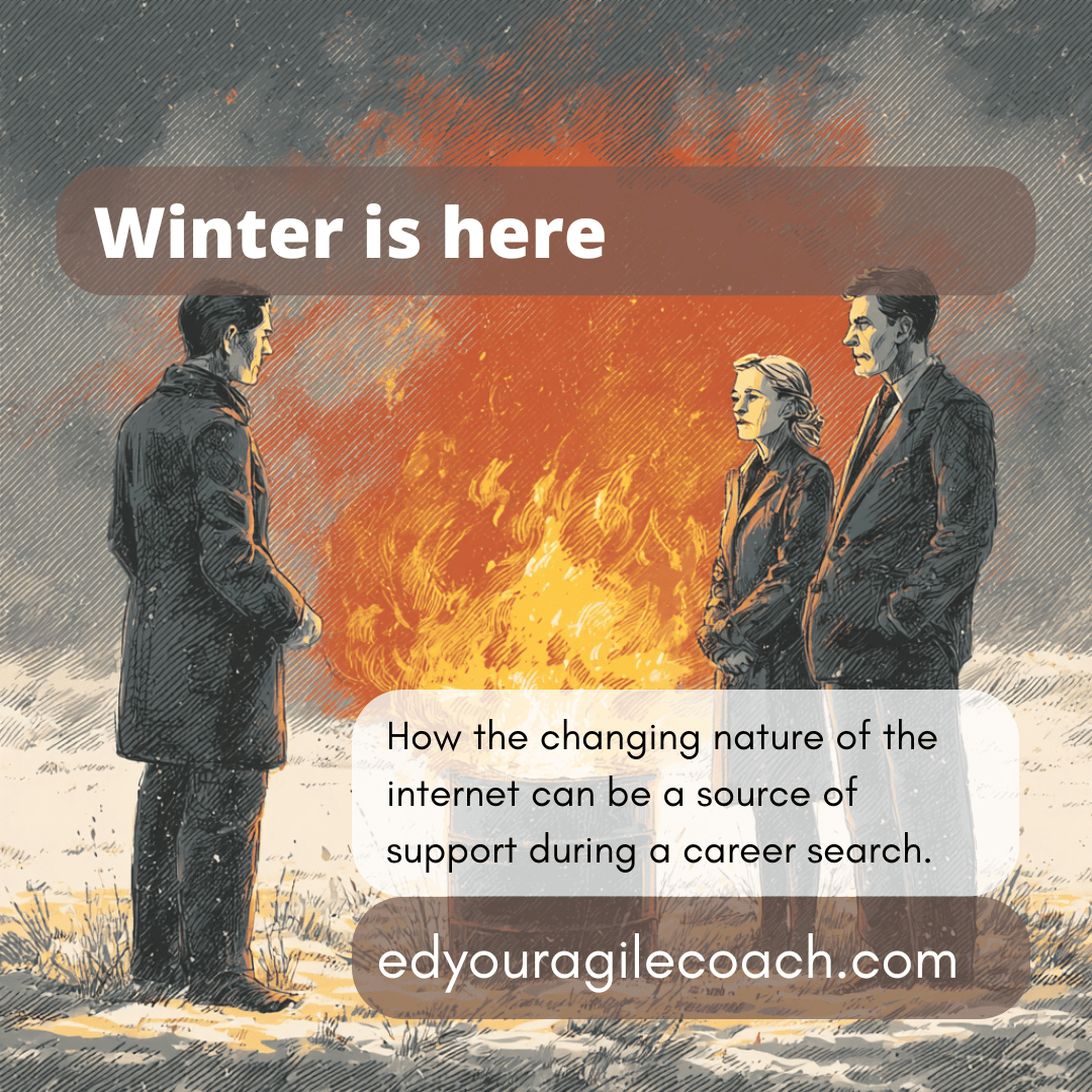 Three executives out in the cold warming themselves around a burning oil drum. 